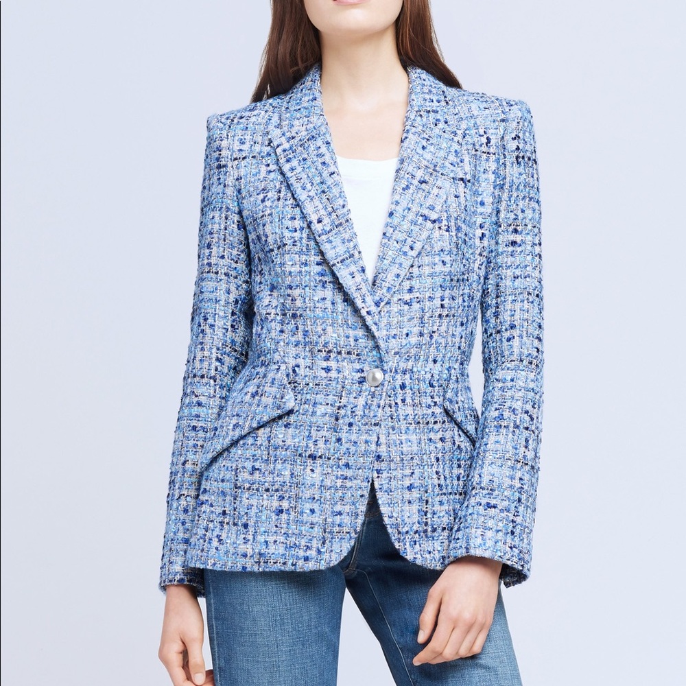 L’agence Chamberlain Tweed Blazer Blue Combo Ruk Sz 6 $650 Flap Pocket Designer